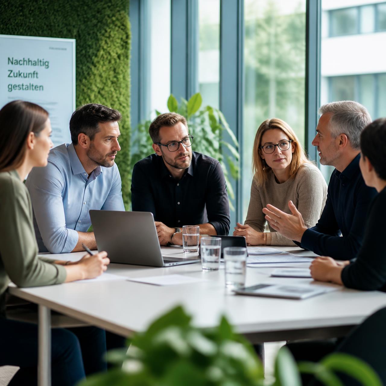 Führungsteam eines mittelständischen Unternehmens bearbeitet gemeinsam Unterlagen in einem Workshop